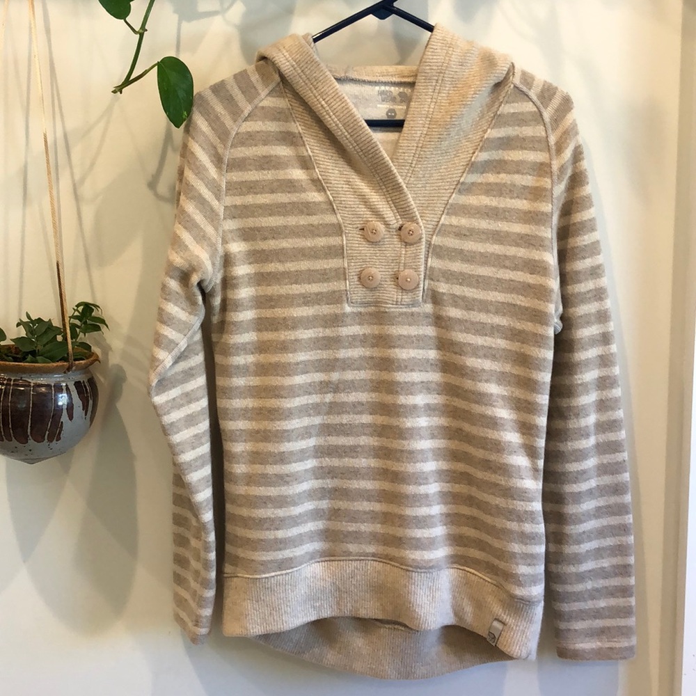 Mountain Hard wear cream striped hooded wool blend pull over sweater.